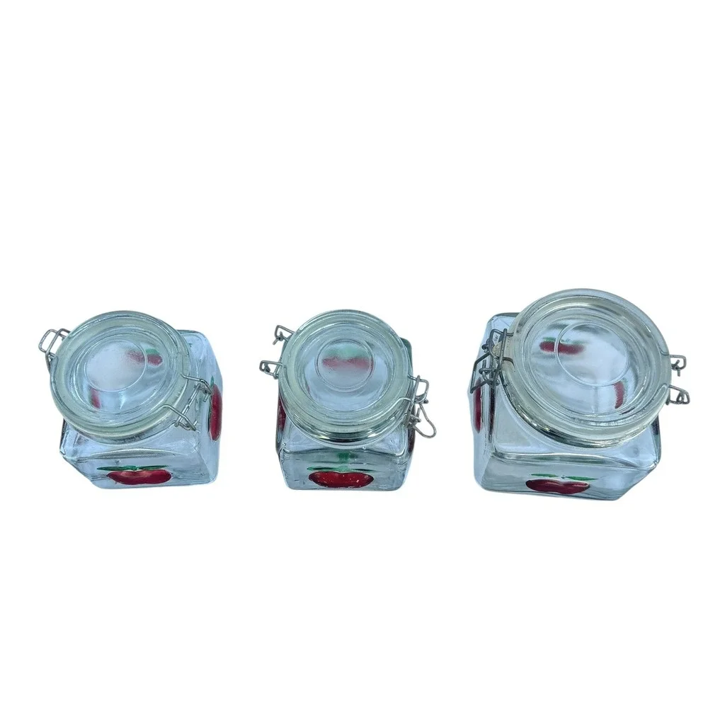 Red Apple Glass Canister Set of 3 Square Jars Vintage Locking Lids Farmhouse
